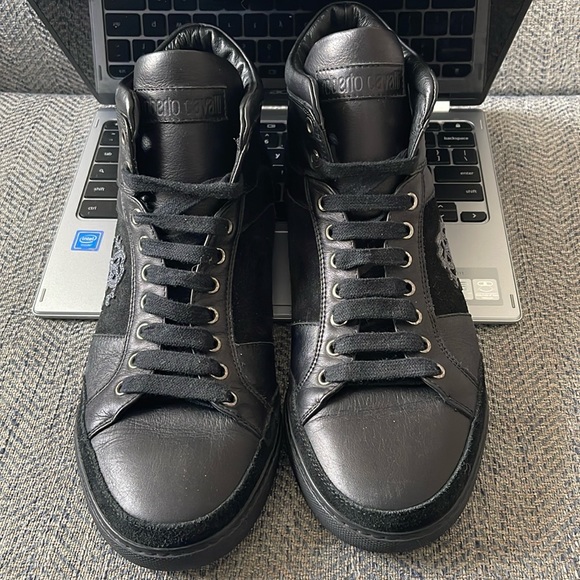 Roberto Cavalli Men’s Logo High-Top Leather and Suede Sneakers Size: 41 - Picture 1 of 16
